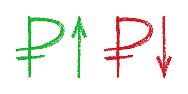 istock Hand drawn russian ruble currency symbol Growth and fall profit with arrow up and down Brush stroke doodle Element for design 2228331567