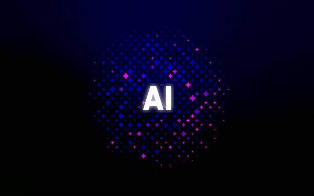 Artificial Intelligence Text with Radiant Tech Dot Pattern. AI Text with Halftone Gradient Starburst Background Futuristic AI text on a vibrant circular halftone pattern with glowing star-like dots in blue and purple gradient against a dark background. Modern design concept for technology and innovation themes. chemical laboratory banner stock illustrations
