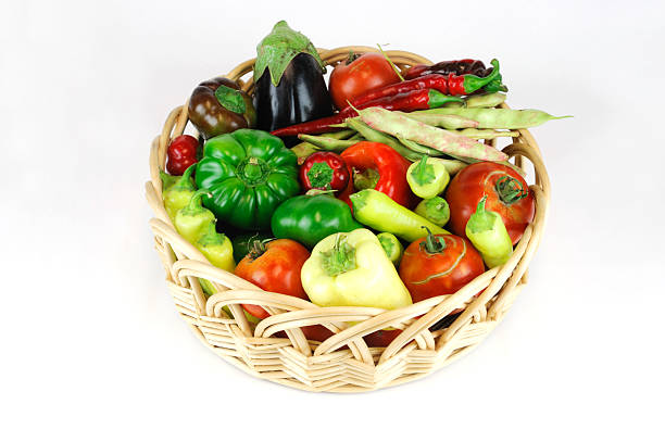 new picked fresh vegetables in basket isolated on white background