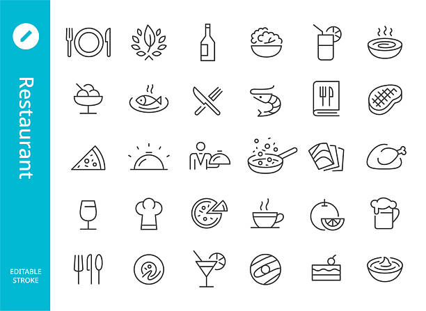 ikony restaurací - řada linek - miska nádobí stock ilustrace