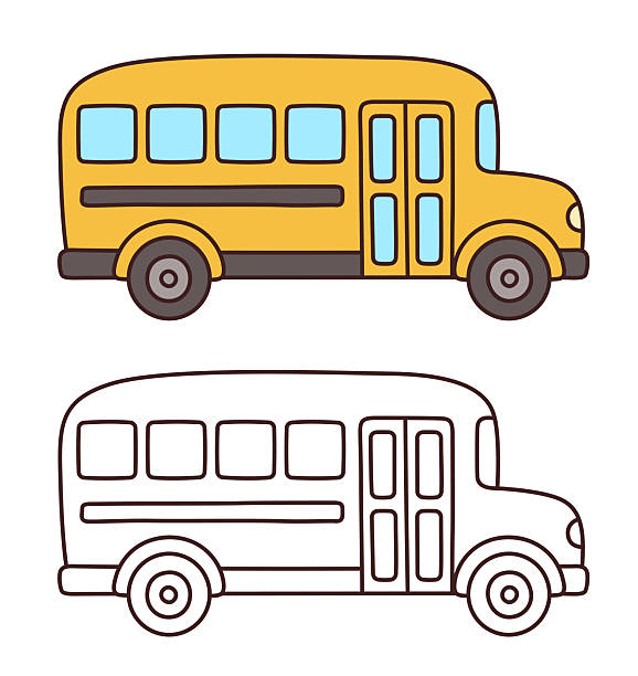 Classic yellow school bus drawing in cute cartoon style. Color illustration and black and white line art for coloring. Hand drawn vector clipart.