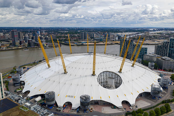 Aerial image showcasing the large Dome of O2 Arena in London and River Thames on the background.