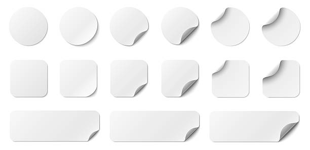 ilustraciones, imágenes clip art, dibujos animados e iconos de stock de pegatinas de papel redondas, cuadradas y cuadradas largas con adhesivo de bordes redondeados. maqueta de plástico redondeada, conjunto realista de papel redondo esquina curva, etiquetas blancas, pegatinas redondas con esquina pelada y sombra - etiquetar