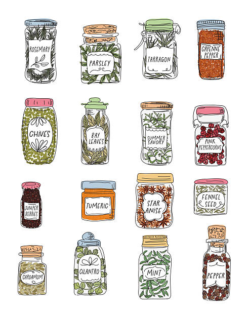 Jars Of Herbs And Spices In A Loose Sketchy Style. Flat colors, easy to edit. All text is expanded.