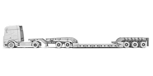 Semi Truck with Lowboy Trailer in Clay Style Render on White Background 3D Rendering