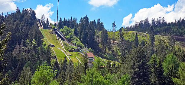 The Große Ruhesteinschanze is a ski jump at Ruhestein near Baiersbronn, surrounded by fir trees in the Black Forest.