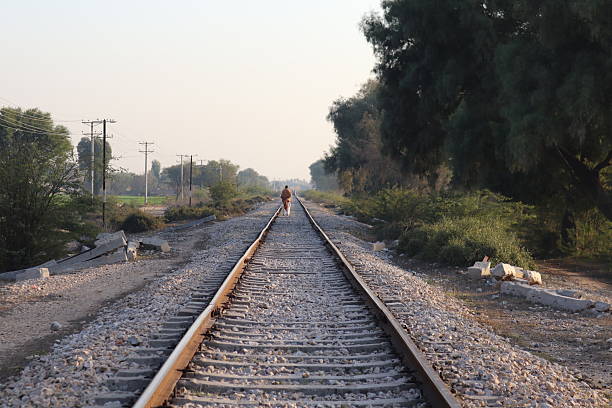A solitary figure walks along a railway track that recedes into the distance, bordered by trees and vegetation, under a bright, clear sky.