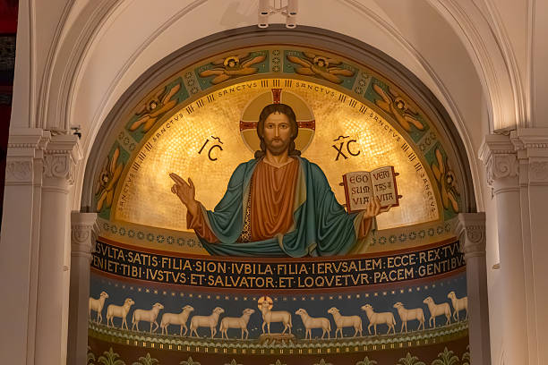 Collegeville, Minnesota, USA - July 20, 2025: Interior architectural view of the Great Hall, a 19th century Romanesque style church building on the campus of St. John's University.