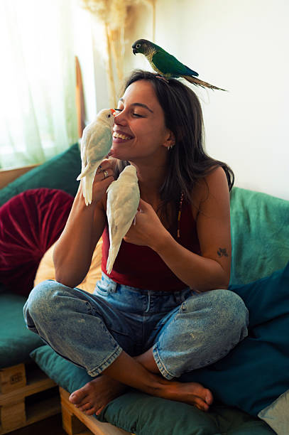 istock Young happy woman playing with her parakeets 2228381266