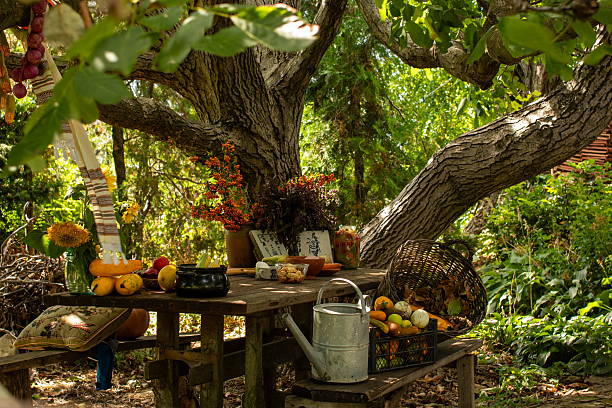 Inviting table setting located in a serene countryside garden, surrounded by vibrant autumn colors. Decorated with seasonal produce, warm accents, and rustic elements to celebrate Thanksgiving.