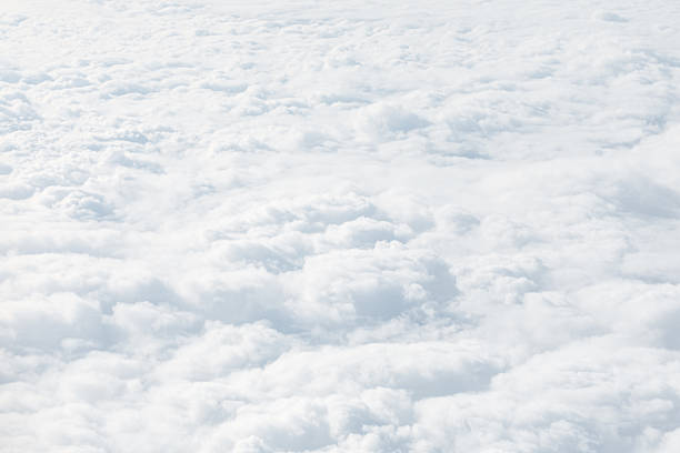Aerial view of dense, fluffy white clouds forming a soft, layered expanse. Tranquil scene suggests altitude and stillness, with no visible land or sky beyond the cloud cover