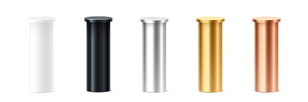istock Metallic cylinder podium columns in white, black, silver, gold, and bronze colors. 3D pedestal pillars for ranking, product display, award ceremony. Realistic vector illustration 2228396161