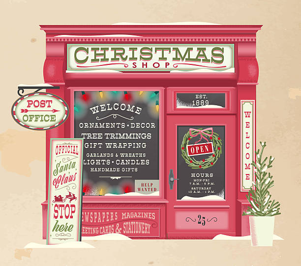 Vector illustration of a old fashioned Vintage retro Christmas Holiday shop front with hand lettered signs. Old fashioned paper background. Vintage retro style with textures. All text outlined or expanded. Fully editable vector eps.