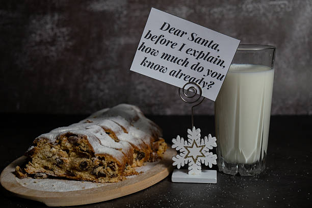 Paper note with message DEAR SANTA BEFORE I EXPLAIN HOW MUCH DO YOU KNOW ALREADY joke humor pun.Homemade Christmas traditional cake pie with marzipan nuts and dried fruits pastry dessert stollen with glass of milk for SANTA. Winter holidays season