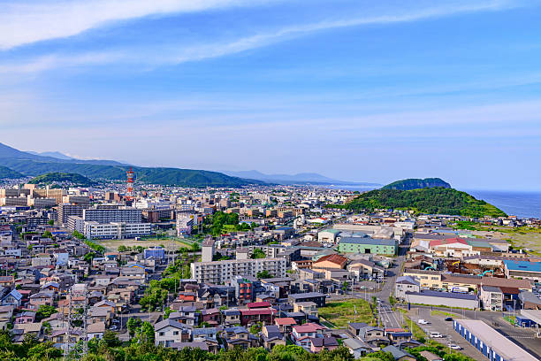 Panoramic view from Shiomi Park in Muroran, Hokkaido, under the clear blue sky of June. A scenic overlook of the city, port, and lush greenery, with the iconic Hakucho Bridge visible in the distance.