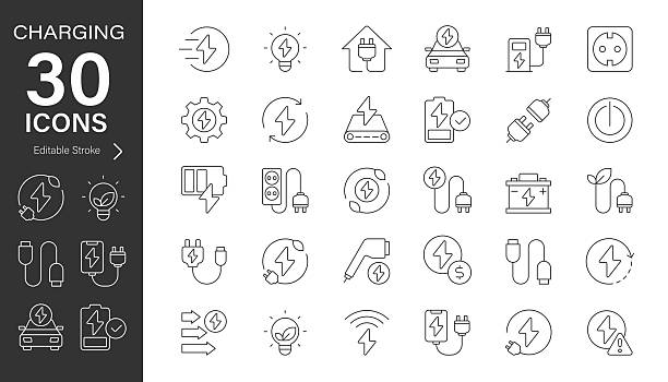 ilustraciones, imágenes clip art, dibujos animados e iconos de stock de vector de línea de carga conjunto de iconos. píxel perfecto. trazo editable. ilustración de archivo. símbolo de icono, estación de carga de vehículos eléctricos, vehículo eléctrico - cargador de batería