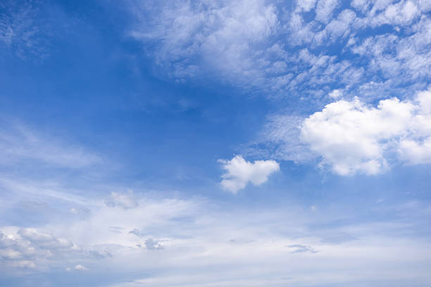 istock Panoramic view of clear blue sky and clouds, Blue sky background with tiny clouds. White fluffy clouds in the blue sky. Captivating stock photo featuring the mesmerizing beauty of the sky and clouds. 2228413960