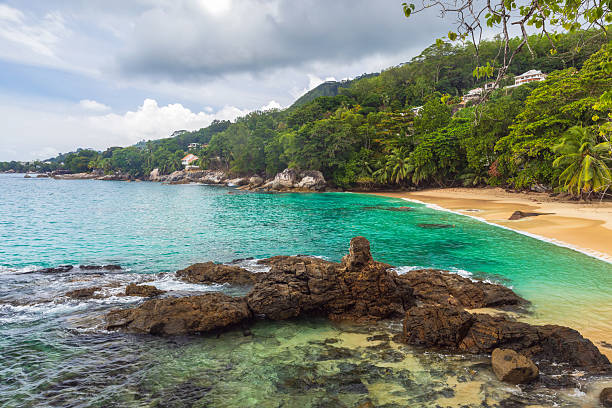 istock Idyllic Tropical Beach Cove With Azure Water and Lush Greenery 2228429730