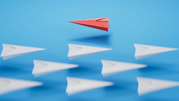 istock Different business concept.new ideas. paper art style. creative idea.Red and white paper plane. leader plane concept.3D rendering on blue background. 2228435542
