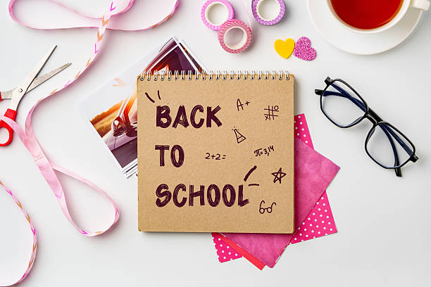 istock Creative workspace with school supplies and back to school notes arranged on a white table 2228438876