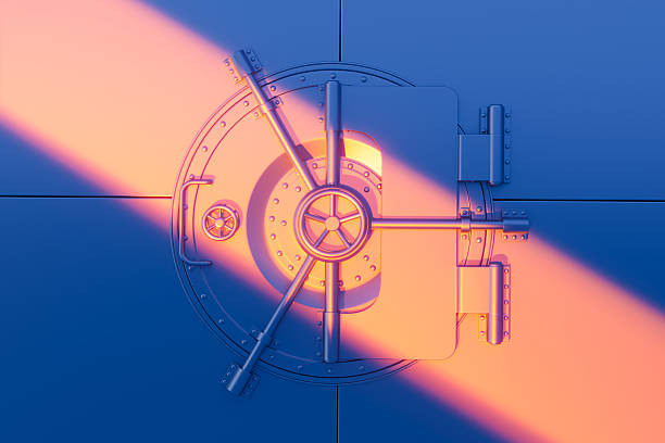 Metallic vault door partially open with vivid orange light beam, rendered in a stylized graphic style on a blue background. Concept of secure access. 3D Rendering
