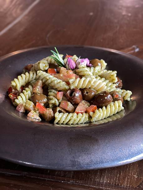 Fresh Pesto Pasta Salad with Olives and Tomatoes