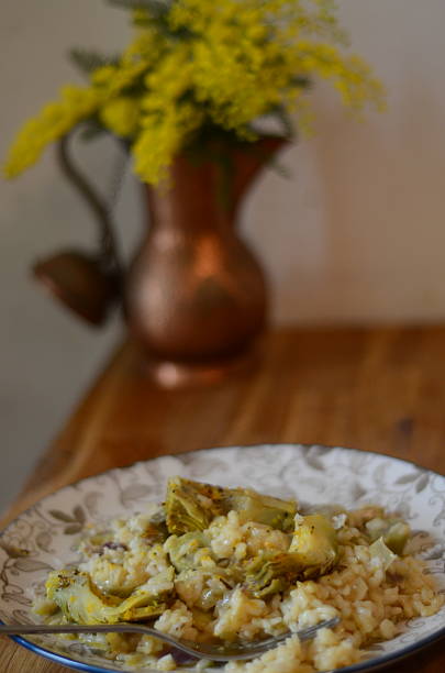 Artichoke Risotto on Patterned Plate with Flowers