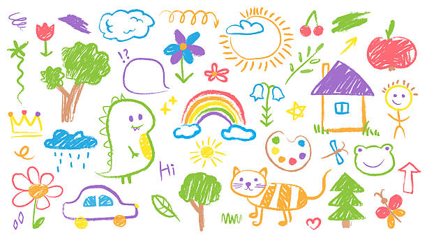 ručně kreslená sada barevných dětských čmáranic ve stylu pastelek - dětství stock ilustrace