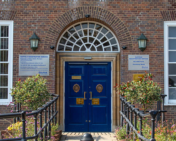 Suffolk, UK - September 6th 2024: The entrance of Suffolk Registration Office, located on Angel Hill in Bury St. Edmunds, Suffolk, UK.