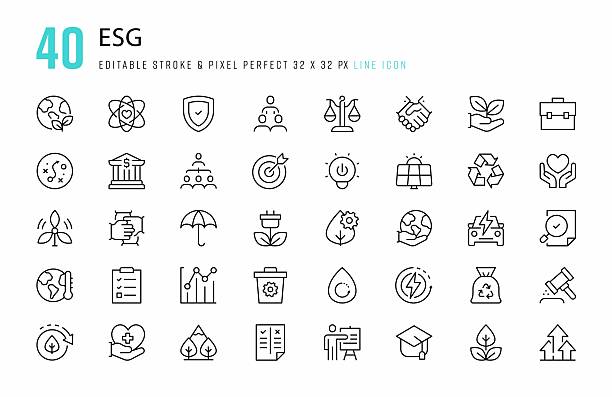 ilustraciones, imágenes clip art, dibujos animados e iconos de stock de esg: conjunto de iconos de línea ambiental, social y de gobernanza. 40 elementos gráficos vectoriales de trazo editables, píxeles perfectos. para móvil y web. - criterios ambientales sociales y de gobernabilidad