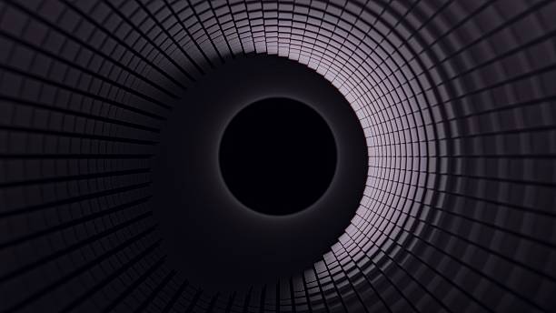 Futuristic 3D illustration of a radial tunnel made of rectangular tiles curving toward a central black void. Subtle purple highlights, deep shadows, and a glowing edge, creating a sci-fi tech atmosphere. Perfect for backgrounds or covers.