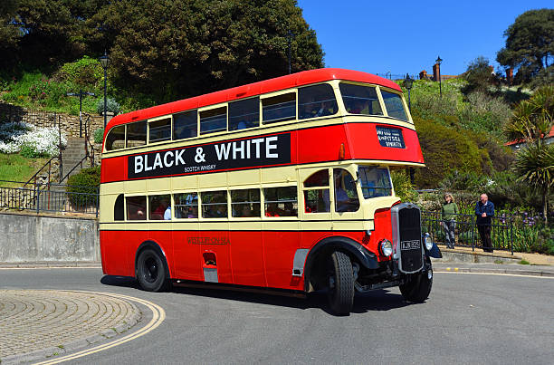 Felixstowe, Suffolk, England - May 05, 2024: Vintage 1939 Bristol  K5G Bus  being driven around roundabout.