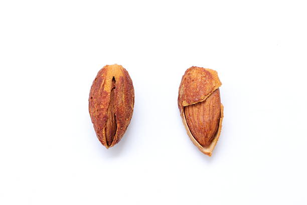 Mature almond nuts in their skin, seeds in shell and unshelled isolated on white background