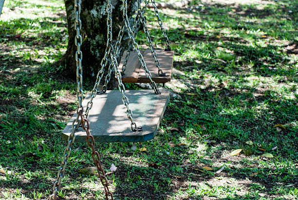 Wooden swing in the park . Selective focus.