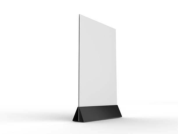 istock 3D Realistic table stand, table tent mockup with plastic base and white paper acrylic. Blank card holder display information for menu label, restaurant, cafe, banner, picture stand, sign holder, ads 2228466377