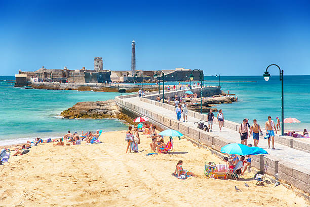 Playa de La Caleta with the Castillo de San Sebastián in the background, located in Cádiz, Spain