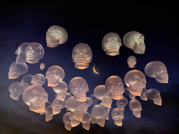In this surreal nighttime composition, a multitude of ghostly, translucent skulls float across a moody twilight sky, softly lit by the glow of a crescent moon. The scene evokes mystery and quiet reverence, alluding to the spiritual elements of Día de los Muertos and the idea of souls rising under the watchful gaze of the night.