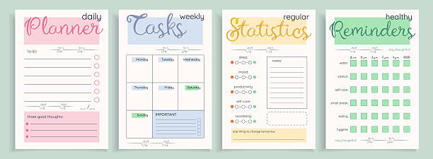 istock Planners and reminders templates, set of time management sheets with to-do lists and self-care encouregement. Simple elegant design. Vector illustration. 2228470637
