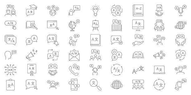 ilustraciones, imágenes clip art, dibujos animados e iconos de stock de conjunto de iconos de traducción y comunicación de idiomas. aprendizaje de idiomas, comunicación multilingüe y servicios de traducción colección de símbolos de contorno. trazo editable. ilustración vectorial aislada - glosario ilustraciones