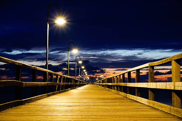 istock An illuminated pier disappears into the darkness, lanterns illuminating the way under a dramatically cloudy sky. Sun and clouds at dawn on the Baltic Sea beach of 18586 Göhren, Rügen Island 2228477973
