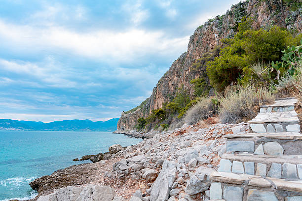 Scenic cobblestone path near Nafplio, Greece, winding between rocky cliffs and the Acronafplia fortress. A picturesque blend of natural beauty and ancient architecture in the Peloponnese.