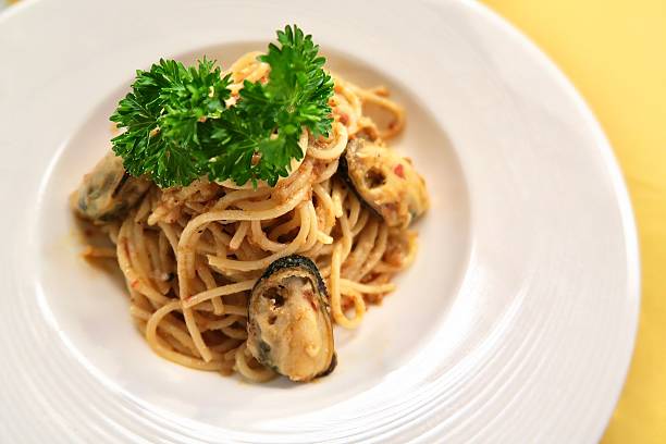 Spaghetti with oyster on white porcelain plate