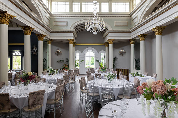 Elegant Banquet Hall with Classical Architecture and Wedding Decor