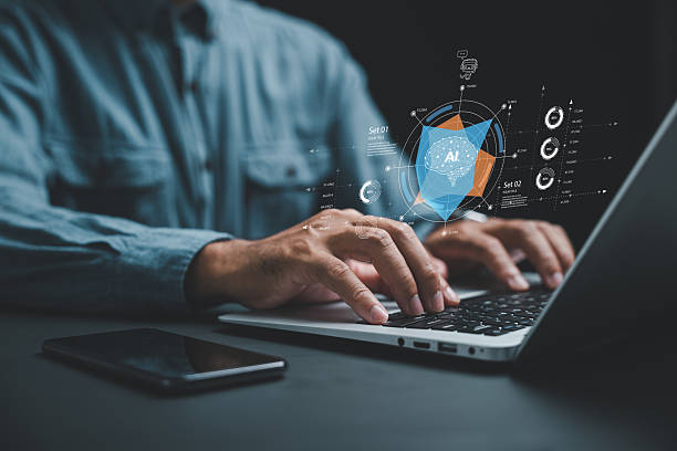 AI helps generate business with intelligent automation and a BPA system while a businessman at his desk uses a laptop to give instructions to the AI, driving process automation efficiently