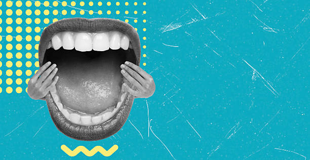 istock Art collage, Creative artwork featuring a large open mouth with hands on either side, against a vibrant blue background 2228491310