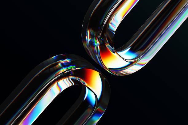 istock Black 3d background with glass chromatic oval ring shapes render. Abstract crystal diagonal pattern with rainbow caustic effect, neon light holographic gradient. Digital tech bg 2228500438