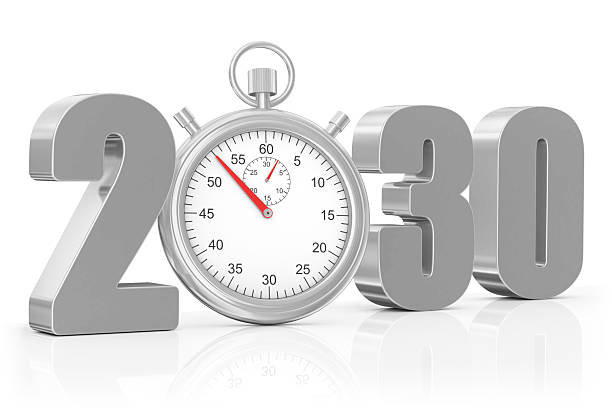 istock Calendar - Metallic 2030 Numbers with Stopwatch Symbolizing Time and Future Countdown. 2228503275