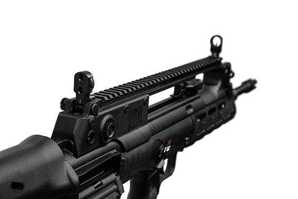 Modern tactical semi-automatic rifle isolated on white background.