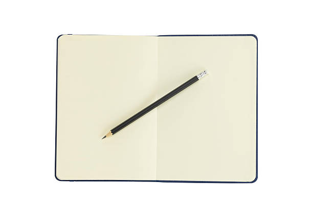istock Top view of open blank notebook with pencil. Flat lay for journal, diary, or mockup template. isolated on white background with clipping path. 2228508076