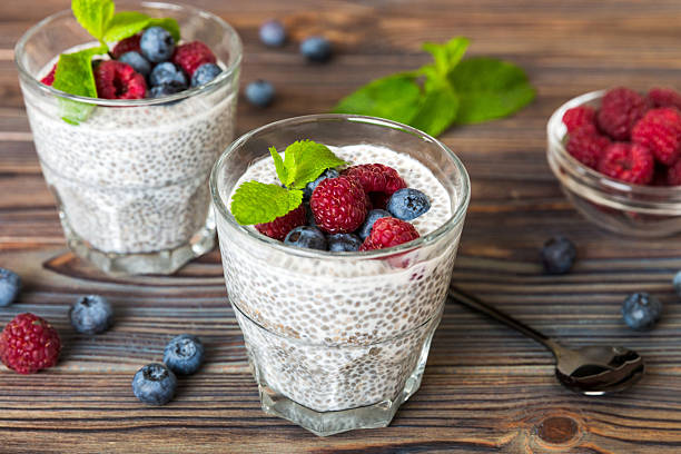 istock Healthy breakfast or morning with chia seeds vanilla pudding raspberry and blueberry berries on table background, vegetarian food, diet and health concept. Chia pudding with raspberry and blueberry 2228513152